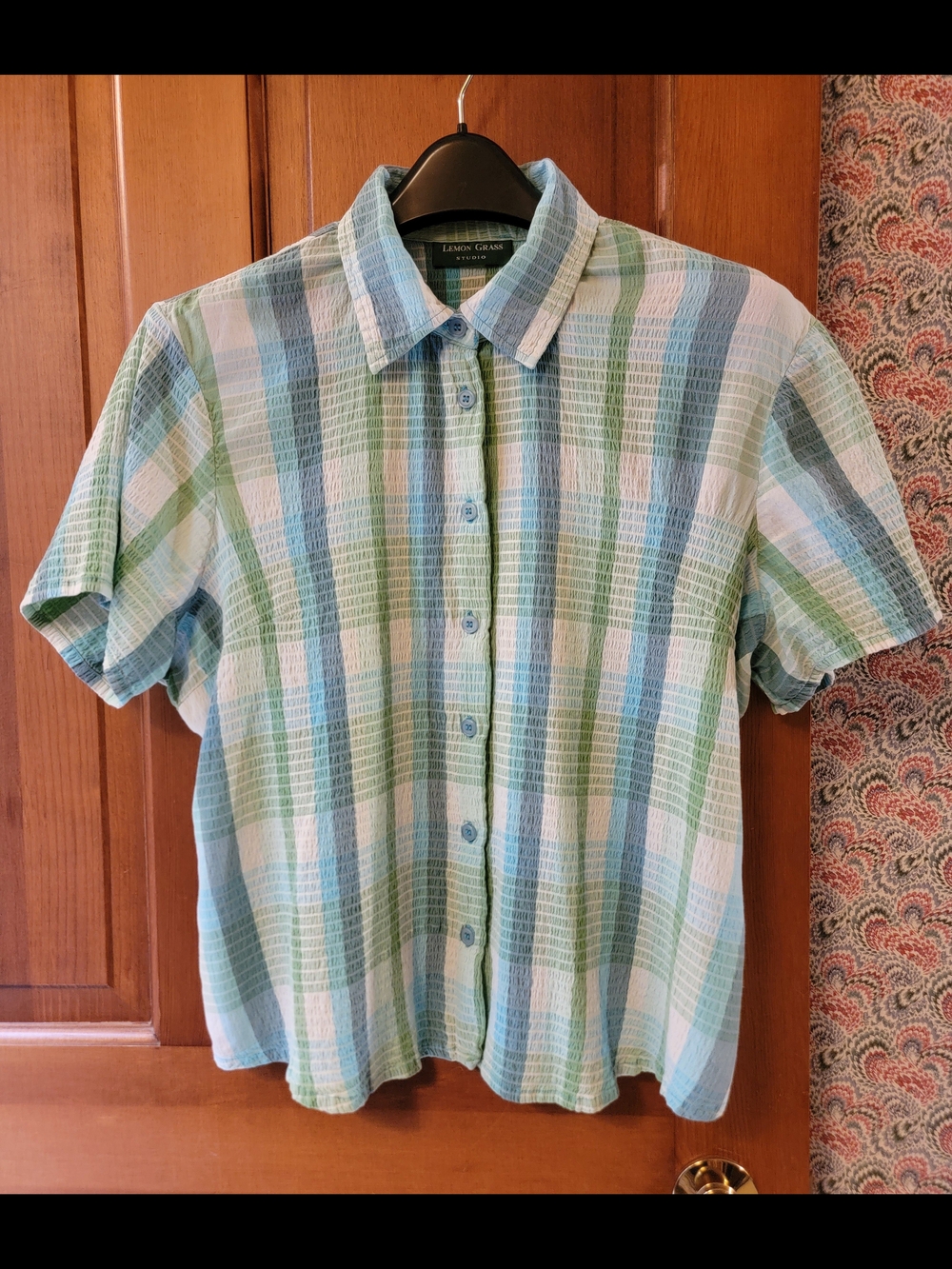 Vintage Y2K Lemon Grass Studio Plaid Crinkle Button Down Shirt Green Blue XL